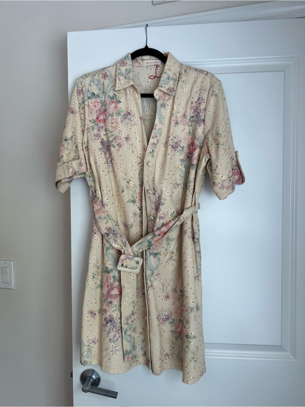 Floral Eyelet Shirt Dress - Beige with Pastel Florals